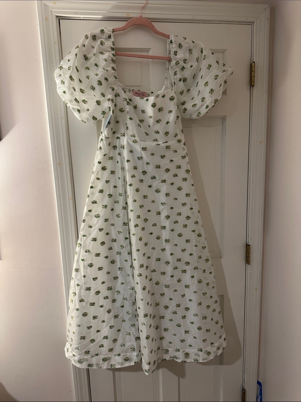 Hill House Organza Matilda White Midi Dress with Green Floral Print